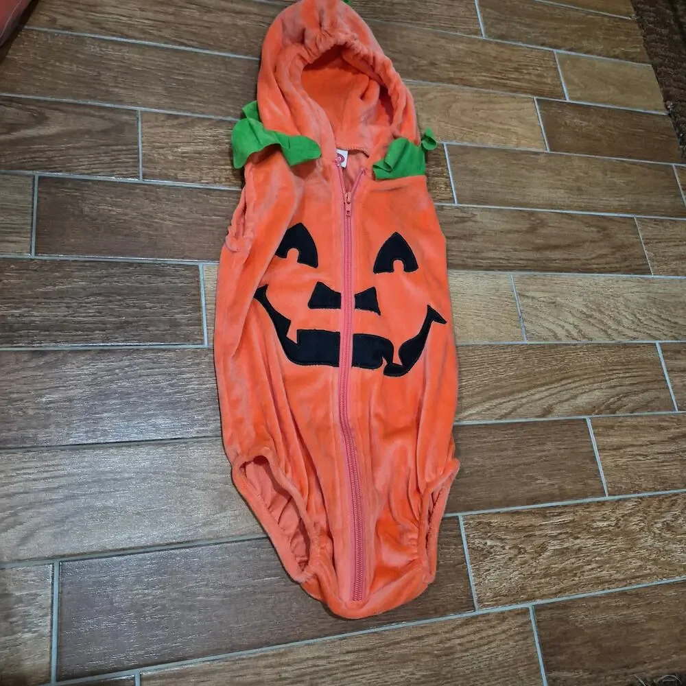 Halloween costume Baby Pumpkin Outfit Bodysuit Zip Up Hooded Sz Baby 12-18 MTHS